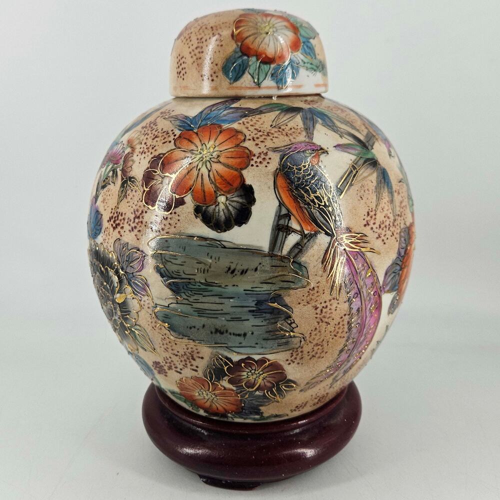 Vintage Satsuma hand painted bird flowers gold Ginger Jar urn w lid wood stand